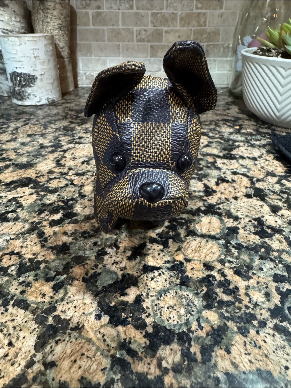 Louis Vuitton Brown & Tan Checkered Dog Charm with Gold Chain. NEW